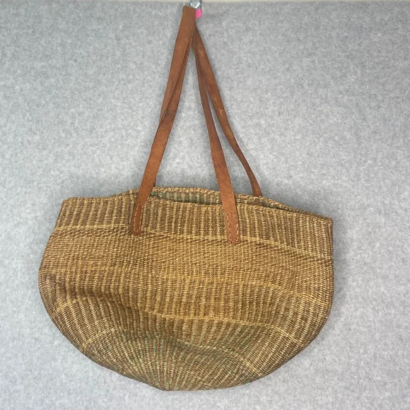 Vintage Handmade Woven Straw Tote Bag Leather Handles - Picture 4 of 9